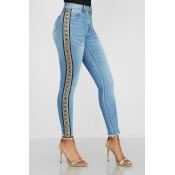 Lovely Casual High Waist Patchwork Blue Jeans