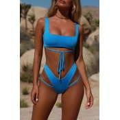 Lovely Trendy Hollowed-out Blue Two-piece Swimwear