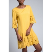 Lovely Casual O Neck Hollow-out Yellow Knee Length