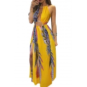Lovely Sexy Printed Hollow-out Yellow Floor Length