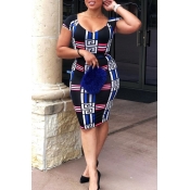 Lovely Stylish Geometric Printed Blue Knee Length 