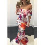 Lovely Casual Off The Shoulder Printed Multicolor 