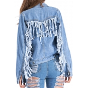 Lovely Casual Tassel Design Baby Blue Denim Coat