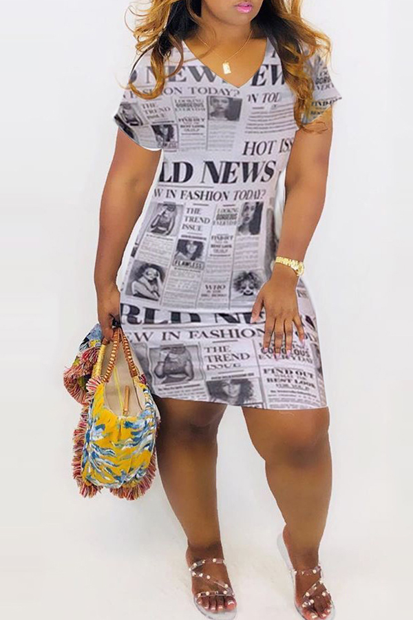 Lovely Casual V Neck Letter Printed White Mini Dress