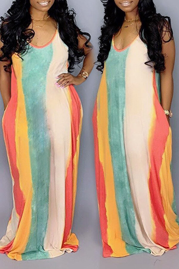 Lovely Casual U Neck Striped Multicolor Floor Length Dress (Without Belt And Batch Print)