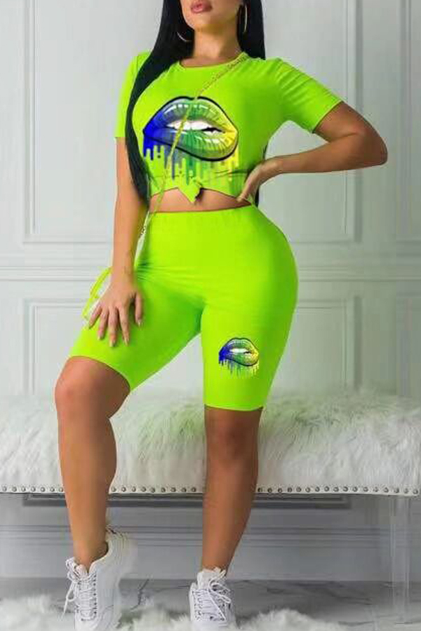 Lovely Casual Lip Printed Green Two-piece Shorts Set