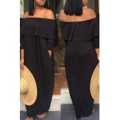 Lovely Casual Off The Shoulder Ruffle Black Floor 