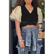 Lovely Casual V Neck Gauze Patchwork Black T-shirt