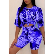 Lovely Casual O Neck Printed Blue Two-piece Shorts