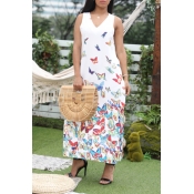Lovely Casual V Neck Butterfly Printed White Ankle