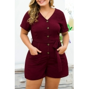Lovely Casual V Neck Buttons Design Wine Red Plus 