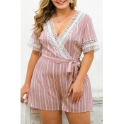 Lovely Bohemian V Neck Striped Lace-up Pink Plus S