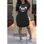 Lovely Casual O Neck Striped Printed Black Mini Dr