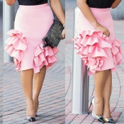 Lovely Sweet Ruffle Design Pink Knee Length Skirt