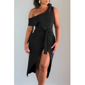 Lovely Sexy One Shoulder Asymmetrical Black Mid Ca