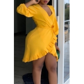 Lovely Sexy V Neck Asymmetrical Yellow Mini Dress