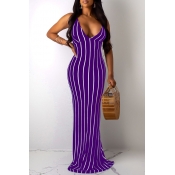 Lovely Sexy V Neck Striped Purple Floor Length A L