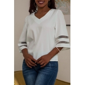 Lovely Casual V Neck Patchwork White Blouse