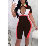 Lovely Casual V Neck Patchwork Brown One-piece Rom