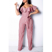Lovely Casual Off The Shoulder Striped Red One-pie