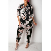 Lovely Casual Poker Printed Black Two-piece Pants 