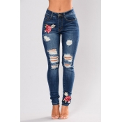 Lovely Chic Embroidered Design Deep Blue Jeans