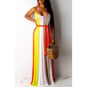 Lovely Casual Spaghetti Straps Striped Red Floor L