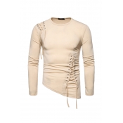 Lovely Trendy O Neck Drawstring Design Khaki T-shi