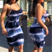 Lovely Casual Spaghetti Straps Printed Blue Knee L