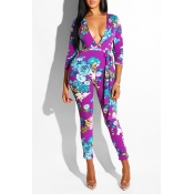 Lovely Trendy Deep V Neck Floral Printed Purple On