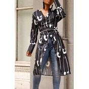 Lovely Casual Printed Black Blouse(With Belt)