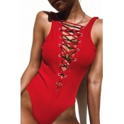 Lovely Drawstring Design Red One-piece Swimwear