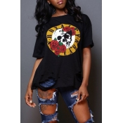 Lovely Casual O Neck Floral Printed Black T-shirt