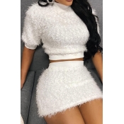 Lovely Casual O Neck White Two-piece Skirt Set