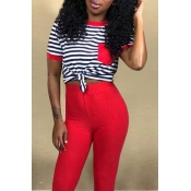 Lovely Casual O Neck Striped Red T-shirt