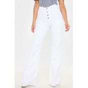 Lovely Casual High Waist Buttons Design White Jean