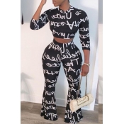 Lovely Leisure Letter Printed Flared Black Two-pie