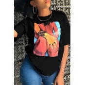 Lovely Trendy O Neck Printed Black T-shirt