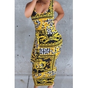 Lovely Casual U Neck Printed Gold Ankle Length Wra