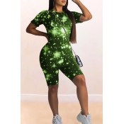 Lovely Trendy Printed Green Two-piece Shorts Set