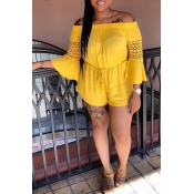 Lovely Casual Dew Shoulder Patchwork Yellow One-pi