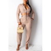 Lovely Casual Turndown Collar Beige Two-piece Pant