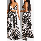 Lovely Casual Backless Printed Black Two-piece Pan