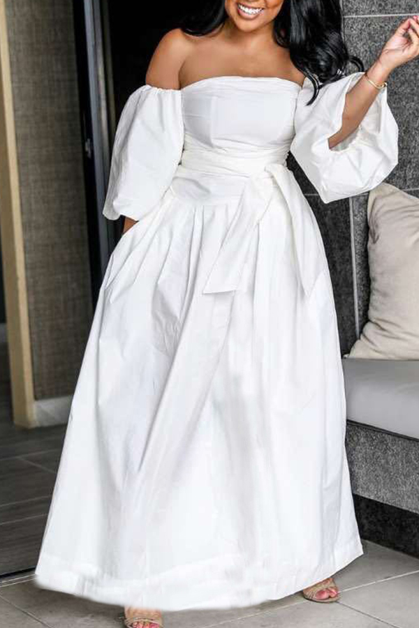 Lovely Casual Dew Shoulder White Ankle Length Dress