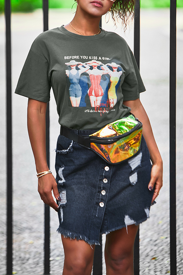 Lovely Leisure Printed Dark Grey T-shirt