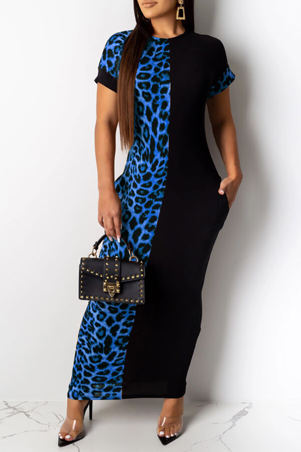 Lovely Casual Leopard Printed Patchwork Blue Ankle Length Dress