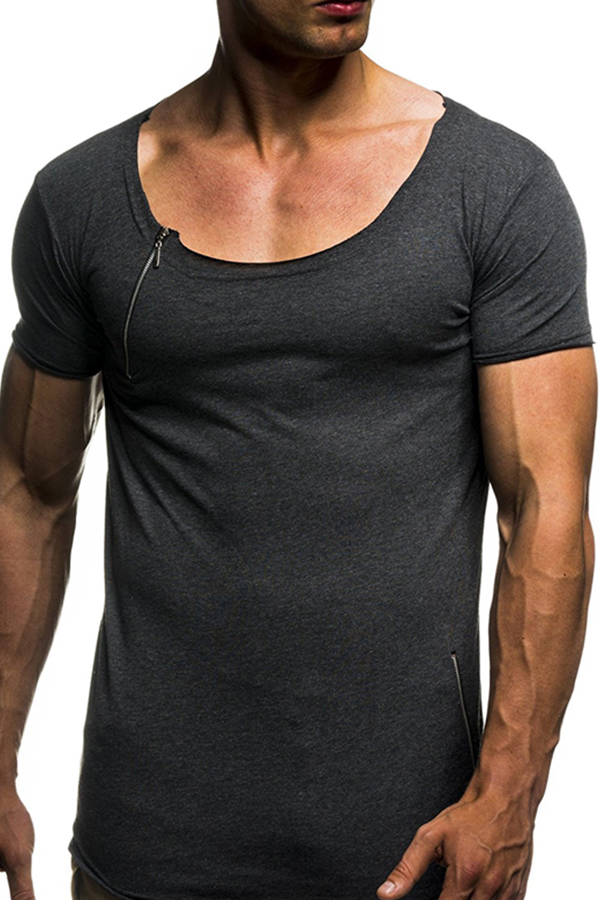 Lovely Casual Zipper Decorative Dark Grey T-shirt