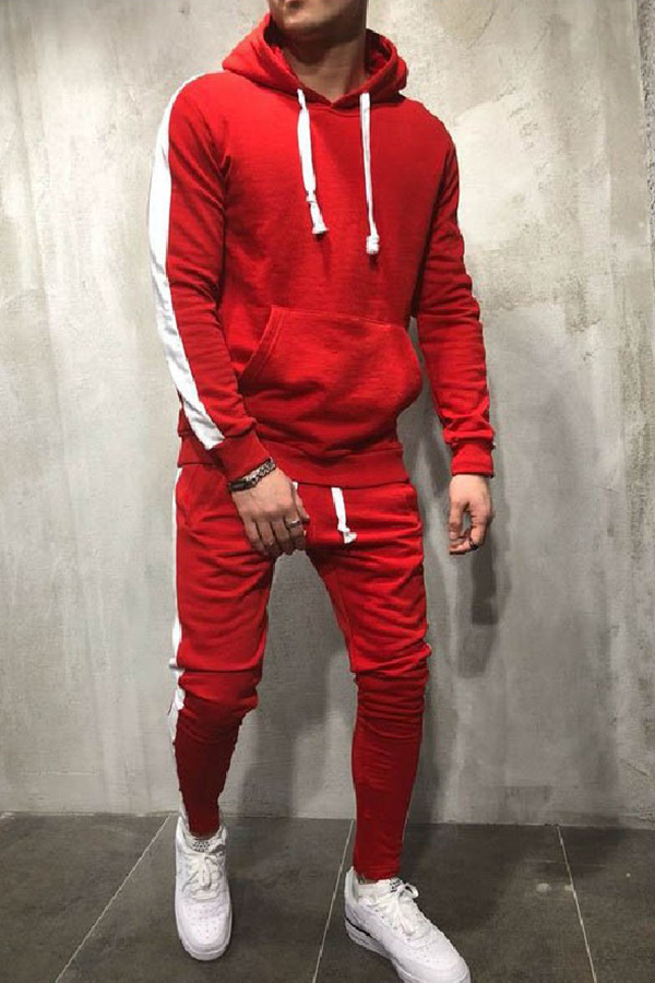 Lovely Casual Hooded Collar Patchwork Red Two-piece Pants Set