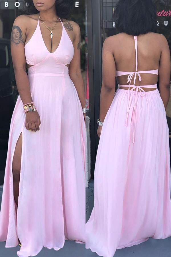 Lovely Trendy Spaghetti Straps Slit Light Pink Floor Length Dress