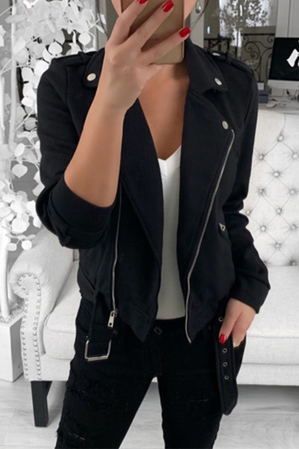 Lovely Casual Zipper Design Black Coat